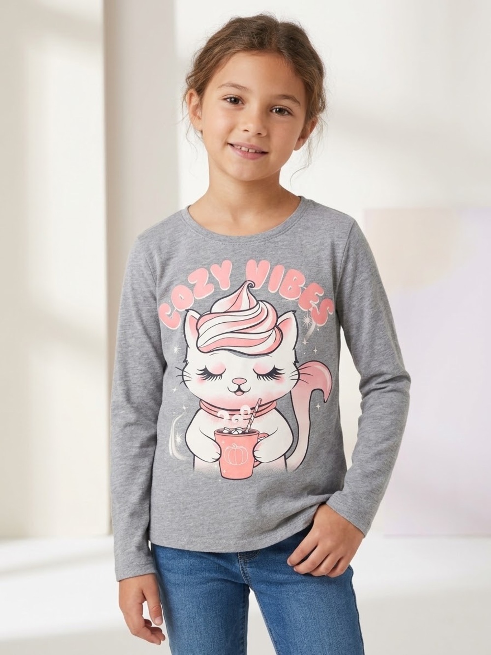 The Children's Place Grey Long-Sleeve Tee with Pink Cat Graphic